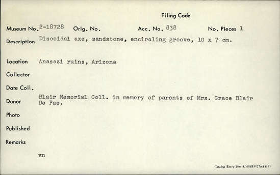 Documentation associated with Hearst Museum object titled Axe, accession number 2-18728, described as Discoidal, sandstone, encircling groove.