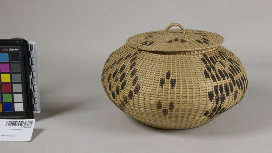 Hearst Museum object 2 of 2 titled Basket with lid, accession number 1-70683a,b, described as Single rod coiling, spaced sewing, bowl shape. With cover.