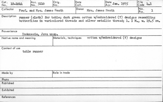 Documentation associated with Hearst Museum object titled Runner, accession number 18-1044, described as runner (cloth) for table; dark green cotton w/ embroidery (?) designs resembling butterflies in varicolored threads and silver metallic thread; l. 1 M., w. 49.5 cm.