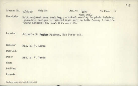 Documentation associated with Hearst Museum object titled Bag, accession number 2-22260, described as Multi-colored corn husk bag; cornhusk and wool overlay in plain twining; geometric designs in colored wool yarn on both faces; 2 rawhide thong handles.