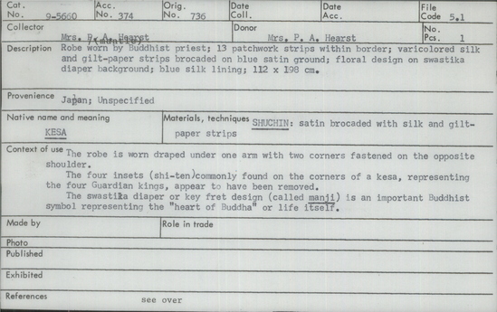 Documentation associated with Hearst Museum object titled Robe, accession number 9-5660, described as Robe (mantle) worn by Buddhist priest; 13 patchwork strips within border; varicolored silk and gilt-paper strips brocaded on blue satin ground; floral design on swastika diaper background; blue silk lining; 112 x 198 cm