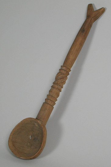 Hearst Museum object titled Spoon, accession number 5-10139, described as spoon;  sculptured handle of bands and diagonals;  forked handle end;  L. 34 cm.