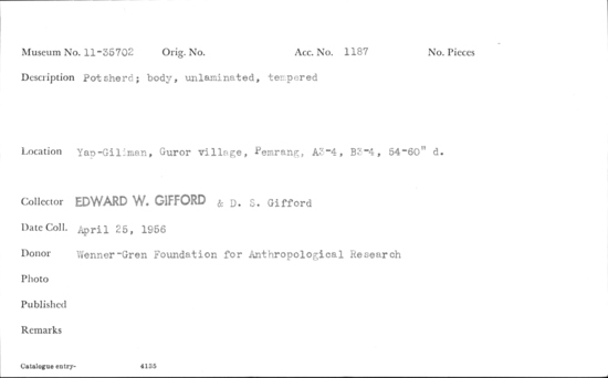 Documentation associated with Hearst Museum object titled Potsherd, accession number 11-35702, no description available.