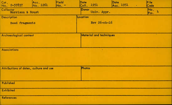 Documentation associated with Hearst Museum object titled Sticks, accession number 2-57837, described as Reed fragments