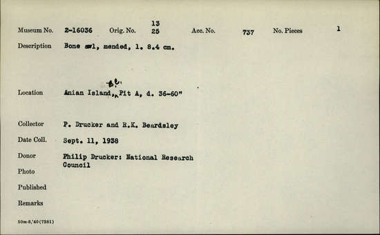 Documentation associated with Hearst Museum object titled Awl, accession number 2-16036, described as Bone awl, mended