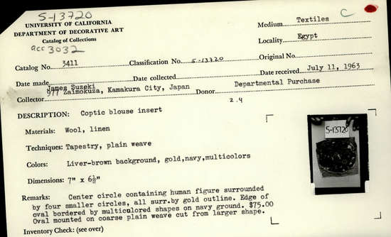 Documentation associated with Hearst Museum object titled Textile, accession number 5-13720, described as Coptic blouse insert.  Plus 1 bag w/ thread, wool, inen, tapestry, plain weave, liver-brown background, gold, navy, multicolors, 7"x6.5", center circle containing human figure surrounded by four smaller circles, all surrounded by gold outline. Edge of oval bordered by multicolored shapes on navy ground. $75.00 Oval mounted on course plain weave cut from larger shape.