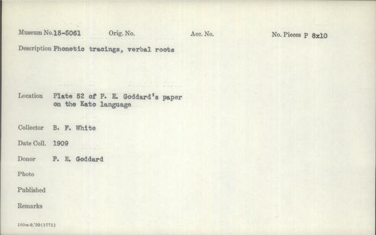 Documentation associated with Hearst Museum object titled Glass plate negative, accession number 15-5061, described as Phonetic tracings, verbal roots