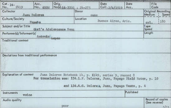 Documentation associated with Hearst Museum object titled Audio recording, accession number 24-2419, described as Girl's Adolescence Song Notebook 14, p.149 Series 9, Record 8