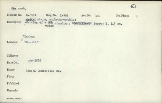 Documentation associated with Hearst Museum object titled Female figure, accession number 2-5863, described as Carving of a woman standing; anthropomorphic; ivory.