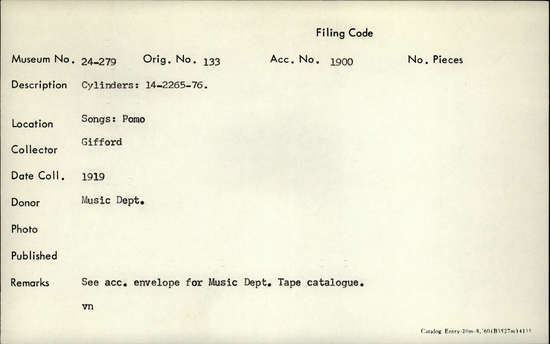 Documentation associated with Hearst Museum object titled Audio recording, accession number 24-279, described as Songs: Pomo. See acc. envelope for music dept. tape catalogue. Cylinders: 14-2265-76.