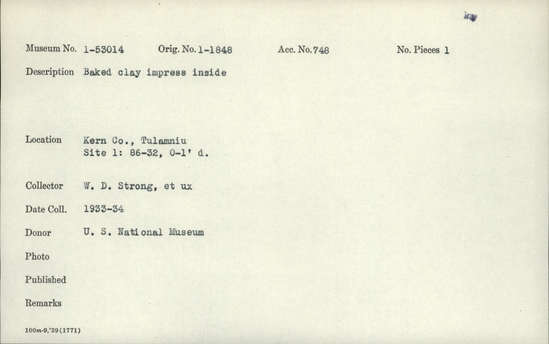 Documentation associated with Hearst Museum object titled Baked clay, accession number 1-53014, described as Impress inside