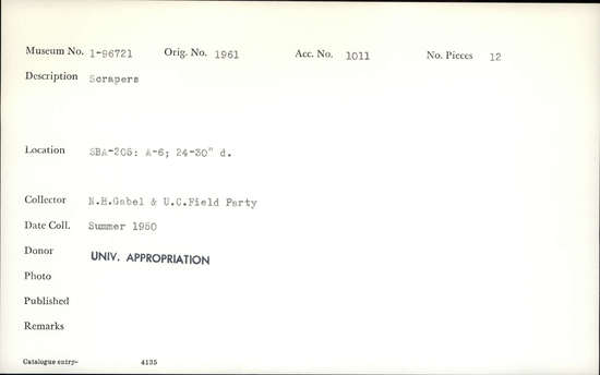 Documentation associated with Hearst Museum object titled Scrapers, accession number 1-96721, described as Scrapers.
