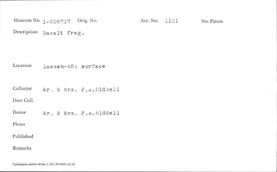 Documentation associated with Hearst Museum object titled Basalt fragment, accession number 1-205717, described as Basalt fragment.