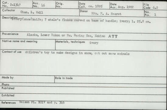 Documentation associated with Hearst Museum object titled Knife, accession number 2-1347, described as 7 whale's flukes carved on base of handle. Made of ivory.