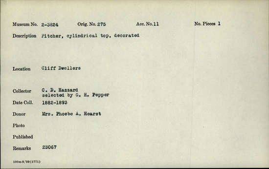 Documentation associated with Hearst Museum object titled Pitcher, accession number 2-3824, described as Pitcher. Cylindrical top, decorated.