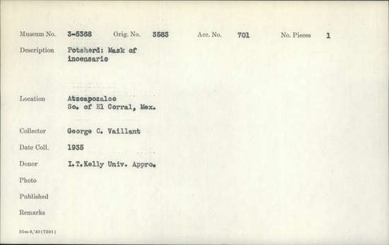 Documentation associated with Hearst Museum object titled Potsherd, accession number 3-5368, described as Potsherd: Mask of incensario.