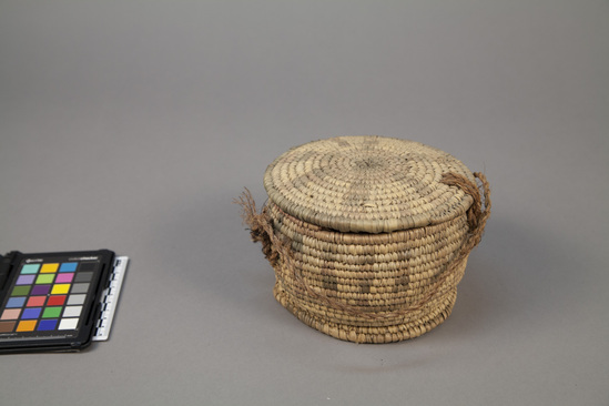 Hearst Museum object titled Basketry container and lid, accession number 5-14951a,b, no description available.