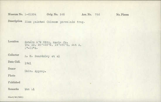 Documentation associated with Hearst Museum object titled Porcelain fragment, accession number 1-61334, described as Blue painted, Chinese.  Wan Li. Notice: Image restricted due to its potentially sensitive nature. Contact Museum to request access.