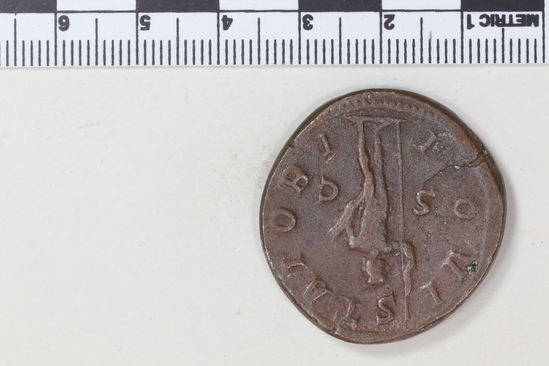 Hearst Museum object 4 of 8 titled Coin: æ sestertius, accession number 8-5924, described as Coin: Sestertius; Æ; Gordianus.Pius - 21.13 grams. Rome, 240-244 AD. Obverse: IMP GORDIANVS PIVS FEL AVG - bust facing right, laureate, draped, cuirassed. Reverse: IOVI STATORI, SC - Jupiter standing facing left, holds long scepter and thunderbolt.