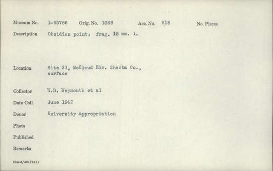 Documentation associated with Hearst Museum object titled Point, accession number 1-63756, described as Obsidian point: fragment