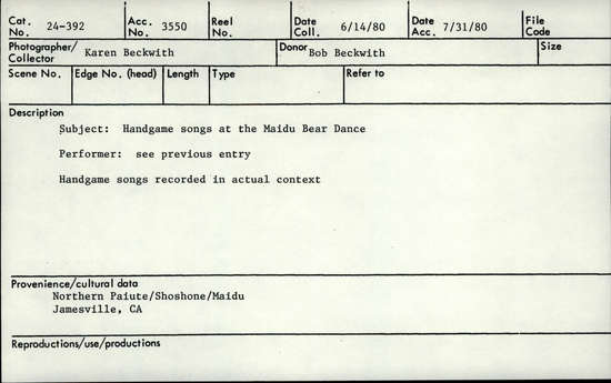 Documentation associated with Hearst Museum object titled Audio track, accession number 24-392.B.1, described as Hand game songs at the Maidu Bear Dance. Performed by Paiute Group from Schurz, Nevada. Hand game songs recorded in actual context.