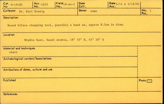 Documentation associated with Hearst Museum object titled Handaxe, accession number 9-19185, described as Round biface chopping tool, possibly an handaxe