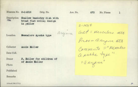 Documentation associated with Hearst Museum object titled Basket, accession number 2-14218, described as Shallow basketry dish with broad flat coils; design in yellow.