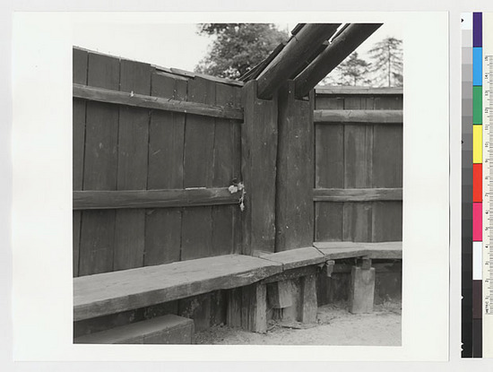 Hearst Museum object titled Black-and-white negative, accession number 15-20266, described as Roundhouse, during reconstruction of new roof, showing joints of double rafters; also including back wall section