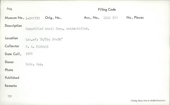 Documentation associated with Hearst Museum object titled Shell, accession number 1-148733, described as Unmodified, unidentified.