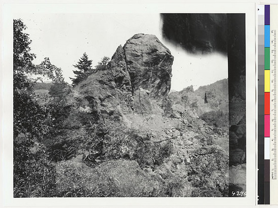 Hearst Museum object titled Black-and-white negative, accession number 15-4294, described as Big rock north of fishing place on Van Duzen River below Pete's