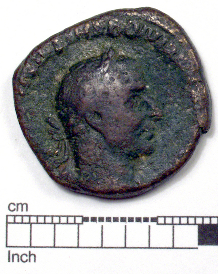 Hearst Museum object 1 of 8 titled Coin: æ sestertius, accession number 8-5888, described as Coin: Sestertius, Æ; Trebonianus Gallus - 14.36 grams. Rome, 251-253 AD. Obverse: [IMP CAES VIB] IVSTREBONIAN[VS GALLVS AVG] - bust facing right, draped, laureate. Reverse: [IVNONIMARTIALI] SC - Juno seated front in round distyle temple, peacock at her side.