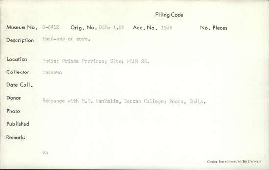 Documentation associated with Hearst Museum object titled Handaxe, accession number 9-6412, described as Hand-axe on core.