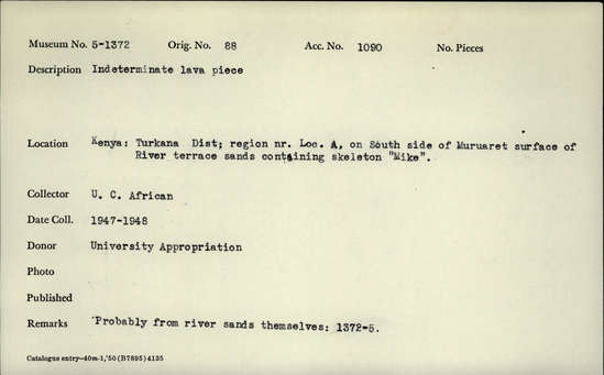 Documentation associated with Hearst Museum object titled Lava, accession number 5-1372, described as Indeterminate lava piece