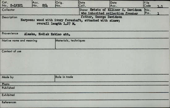 Documentation associated with Hearst Museum object titled Harpoon, accession number 2-19321, described as Wood with ivory foreshaft, attached with sinew.