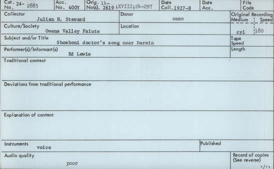 Documentation associated with Hearst Museum object titled Audio recording, accession number 24-2885, described as Shoshone doctor's song from near Darwin, performed by Ed Lewis