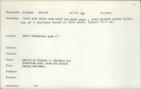 Documentation associated with Hearst Museum object titled Arrow, accession number 2-19406, described as Arrow with solid wood shaft and glass point, leaf shaped glass point, row of 3 feathers bound at both ends.