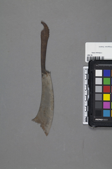 Hearst Museum object titled Knife, accession number 10-1901, described as Small iron razor, banjal shape, worked steel handle, 8½ inches long