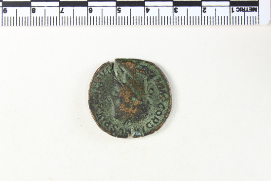 Hearst Museum object 6 of 8 titled Coin: æ sestertius, accession number 8-6194, described as Coin: Sestertius (?); Æ; Gordianus III - 15.36 grms. Obverse: IMP GORDIANVS PIVS FEL AVG - Bust facing right, laureate, draped, cuirassed. Reverse: FELICIT TEMPOR, SC - Felicitas standing holding long caduceus and cornucopiae.