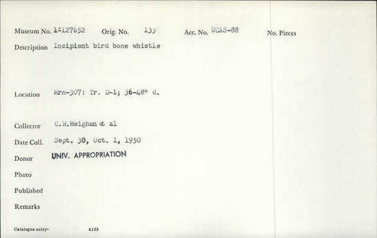 Documentation associated with Hearst Museum object titled Whistle, accession number 1-127652, described as Incipient bird bone; whistle. Notice: Image restricted due to its potentially sensitive nature. Contact Museum to request access.