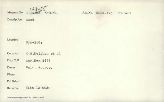 Documentation associated with Hearst Museum object titled Wood, accession number 1-141455, described as wood. Notice: Image restricted due to its potentially sensitive nature. Contact Museum to request access.