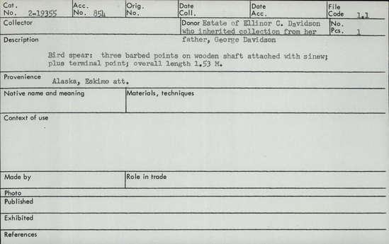 Documentation associated with Hearst Museum object titled Spear, accession number 2-19355, described as Three barbed points on wooden shaft, attached with sinew, plus terminal point.