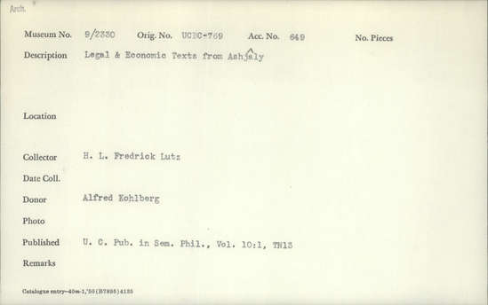 Documentation associated with Hearst Museum object titled Cuneiform tablet, accession number 9-2330, described as Legal and Economic texts from Ashjaly