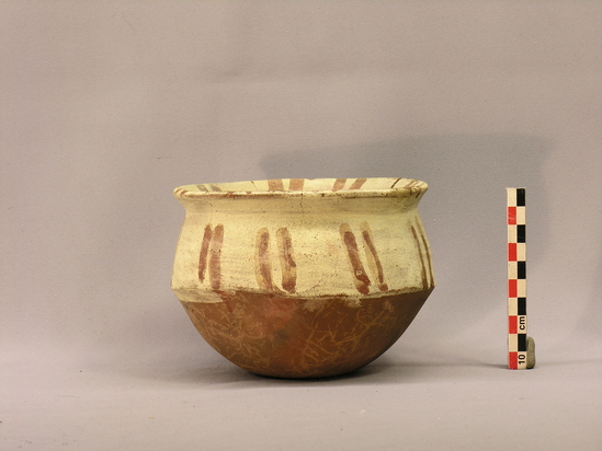 Hearst Museum object 2 of 5 titled Bowl, accession number 4-2810, described as Deep bowl, upper part white, red lines