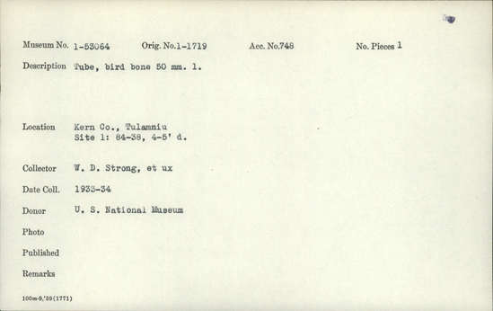 Documentation associated with Hearst Museum object titled Worked bone, accession number 1-53064, described as Tube, bird bone