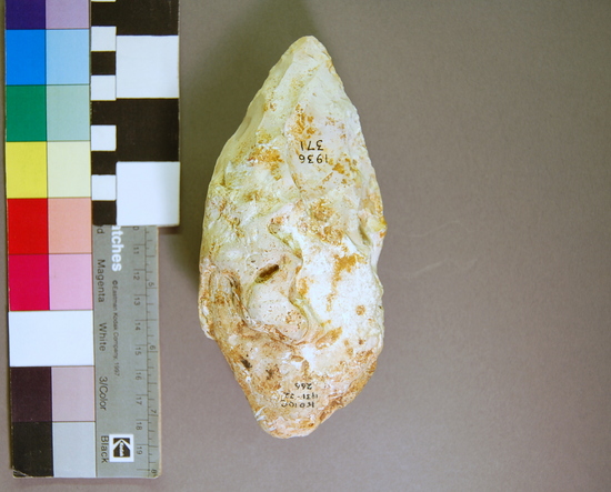 Hearst Museum object 4 of 4 titled Handaxe, accession number 5-3412, described as Acheulian hand-axe; white flint.