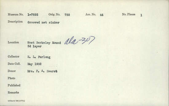 Documentation associated with Hearst Museum object titled Net sinker, accession number 1-7693, described as Grooved net sinker