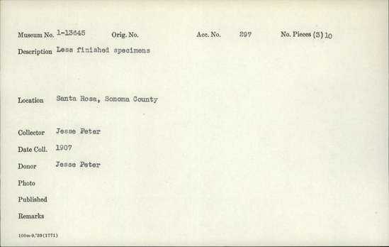 Documentation associated with Hearst Museum object titled Points, accession number 1-13645, described as Plain obsidian points, broad and flat.  Less finished than 13644.