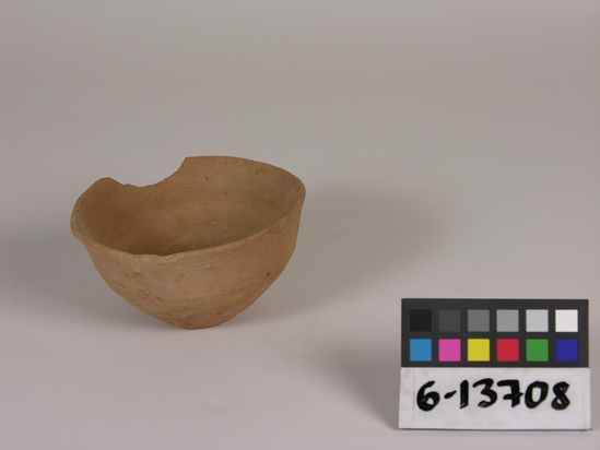 Hearst Museum object titled Bowl, accession number 6-13708, described as Pottery bowl; brown, rim broken, ld 11- h 5 cm.