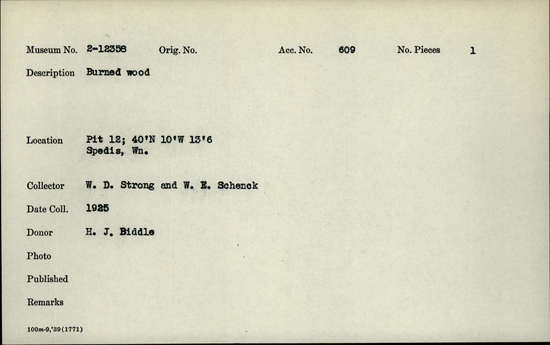 Documentation associated with Hearst Museum object titled Wood, accession number 2-12358, described as Burned.