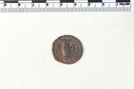 Hearst Museum object 5 of 8 titled Coin: æ, accession number 8-6163, described as Coin: Æ (AR?); Gallienus - 2.67 grams. Obverse: GALLIENVS AVG - Bust facing right, radiate, cuirassed. Reverse: IND V LG AVG - Spes walking facing left holding flowers and raising robe.